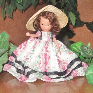 Vintage Nancy Ann Story Book Doll w Floral Dress Black Robbon Trim and Bonnet
